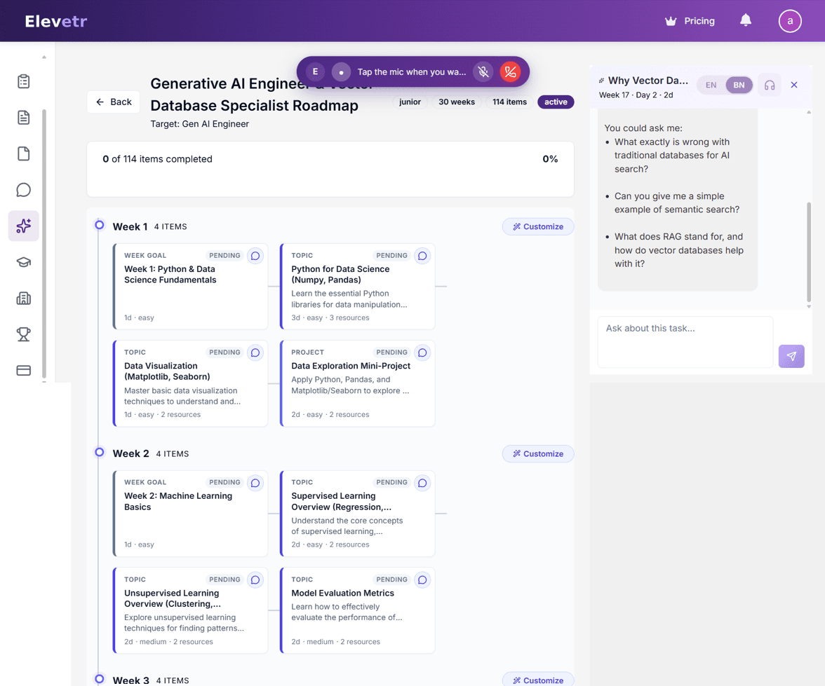 Week-by-week career roadmap with built-in AI chat mentor