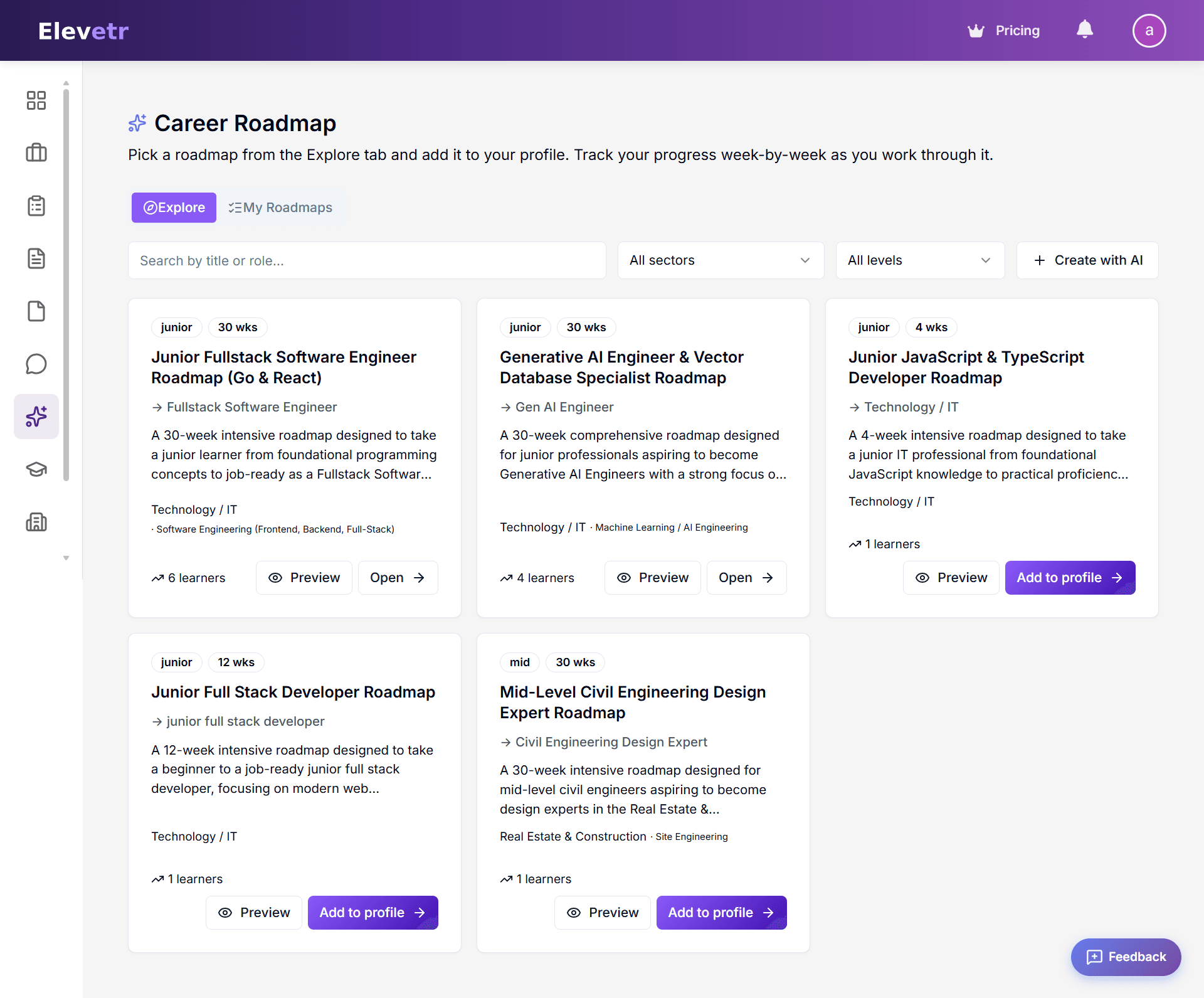 Browse and create career roadmaps from the Elevetr library